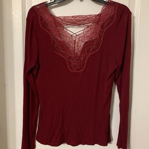 Red Lace Detail Long Sleeve Thermal Shirt
